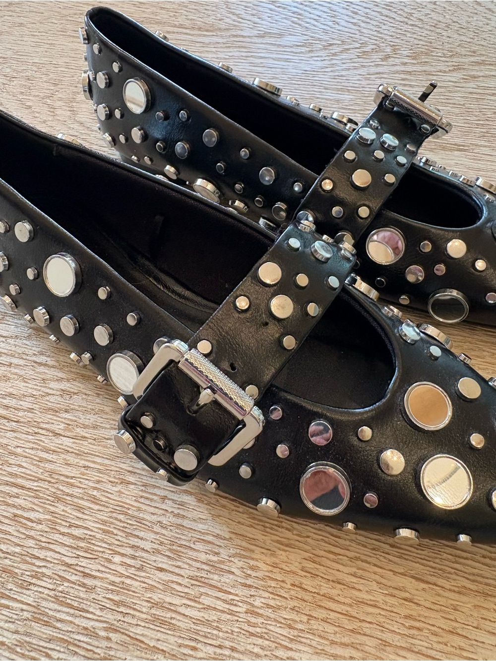 NWT Zara Black Mary Jane Flats Mirror Discs And Studs - Picture 2 of 8